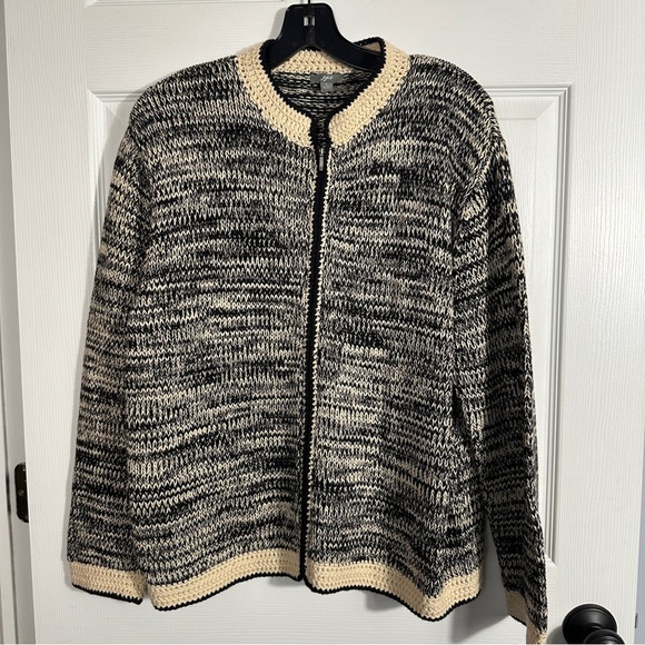 J. Jill cotton knit zip front cardigan, black and cream, size L, layer, fall - Picture 1 of 10
